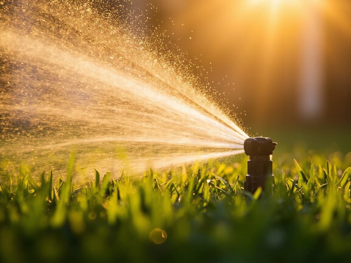 A pop-up sprinkler watering a lush green lawn in golden-hour light